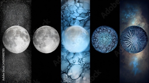 Five moon phases each depicting a unique scientific phenomenon artistically.