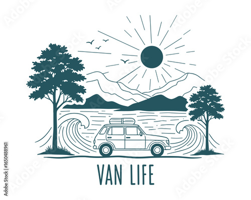 Teal color illustration featuring a van life scene with mountains, trees, sun, and a car, Vector Illustration