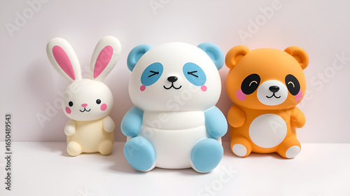 Colorful squishy plushies of a rabbit, panda and bear.