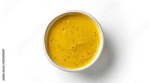 Yellow Sauce in white bowl from top view with white background