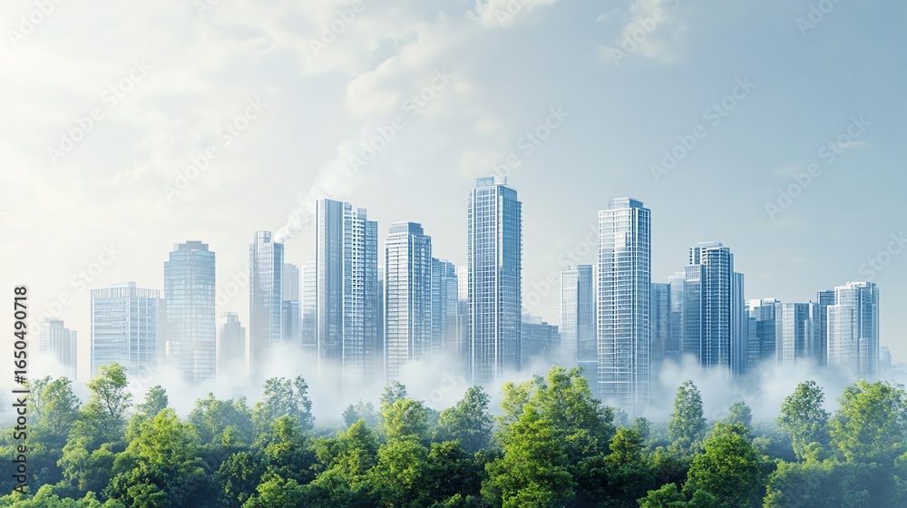 Fototapeta premium City skyline with modern skyscrapers and trees.