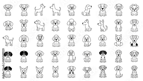 Dog Doodle Icon Set with Cute Hand Drawn Puppy, Terrier, Retriever, Poodle, Beagle, Shepherd, and Dalmatian

