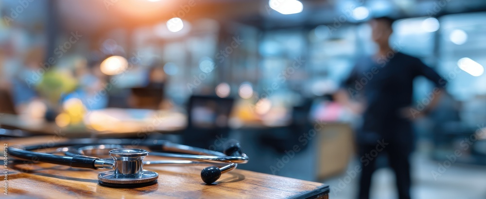 Obraz premium Stethoscope on a table in a blurred medical office