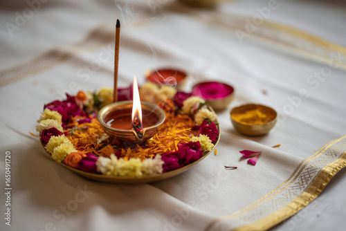 Puja with flowers and incense, creating a festive mood and an atmosphere of peace, pleasure and goodness. Concept: Eastern practices, yoga, retreat, holiday, knowledge of the essence and joy of being.