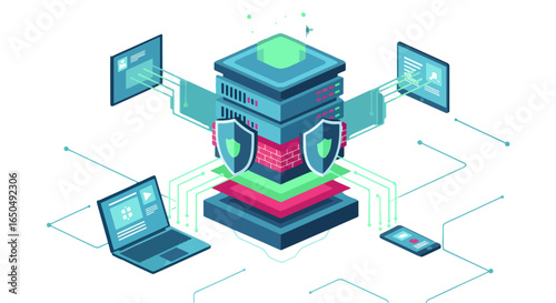 Secure data center and network security concept with shields and devices connected, perfect for web hosting, data protection and IT