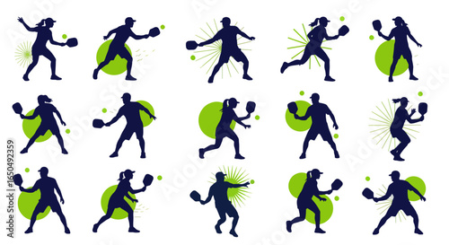 Dynamic pickleball players in action, silhouettes of athletes hitting the ball, perfect for sports, fitness, and lifestyle projects, bold and modern design