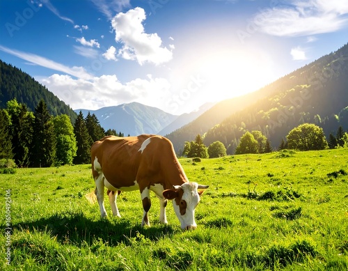 Cow grazing in a lush valley