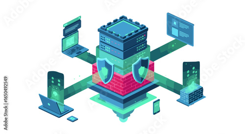 Secure digital data center with firewall protecting network, servers, and cloud services, modern cyber security design