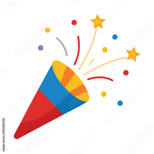 Festive party popper exploding with confetti and streamers