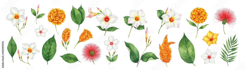 Naklejka premium Vibrant collection of illustrated flowers and leaves, showcasing diverse shapes and colors.