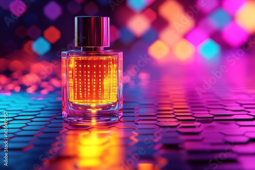 Illuminated perfume bottle on a hexagonal surface.