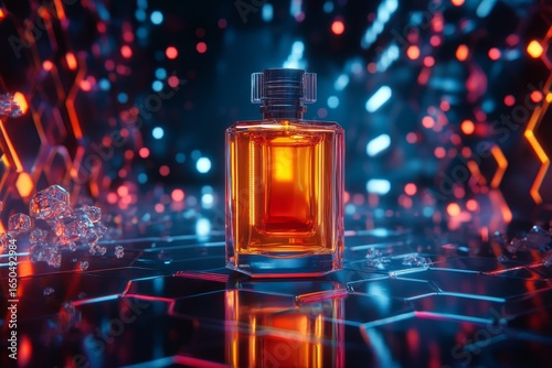 Amber perfume bottle on a reflective surface with vibrant neon lighting.