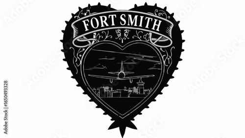 Fort Smith travel badge featuring airplane and city skyline, a nostalgic destination emblem perfect for tourism