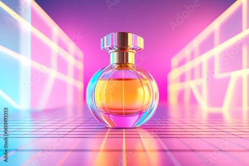 A perfume bottle in neon lighting on a grid floor.