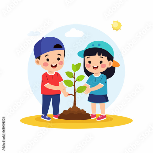 Flat vector icon of kids planting a small tree, representing environmental awareness in childhood.