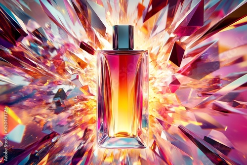 A perfume bottle, vibrant with color, is showcased amidst a dynamic explosion of crystals.