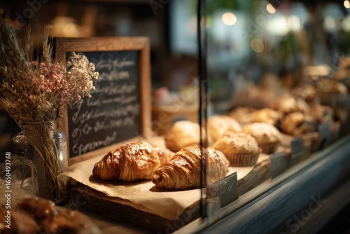 fresh croissants in bakery showcase with rustic chalkboard and dried flowers concept of artisanal pastry breakfast and cozy cafe promotion
