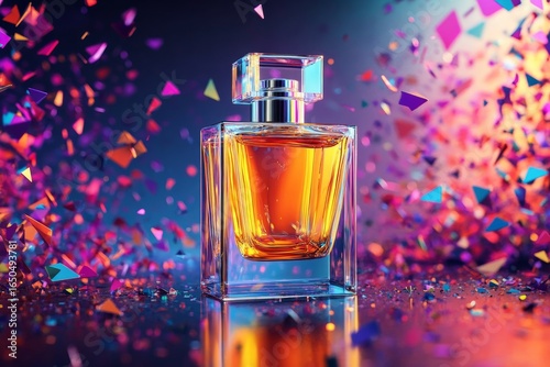 A glass perfume bottle with a vibrant, colorful background.