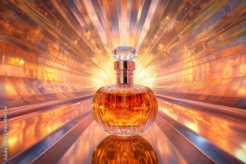 Amber perfume bottle in a tunnel of light.