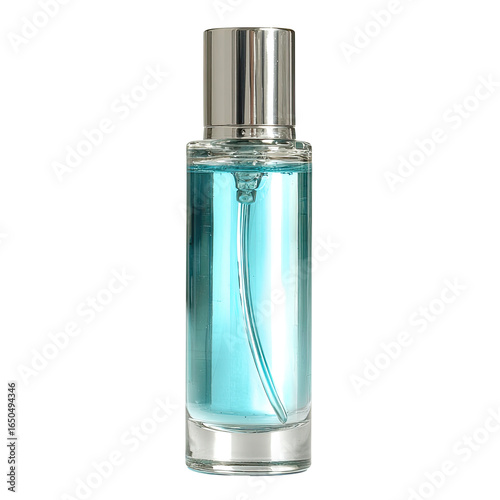 Light-blue glass perfume bottle with silver cap