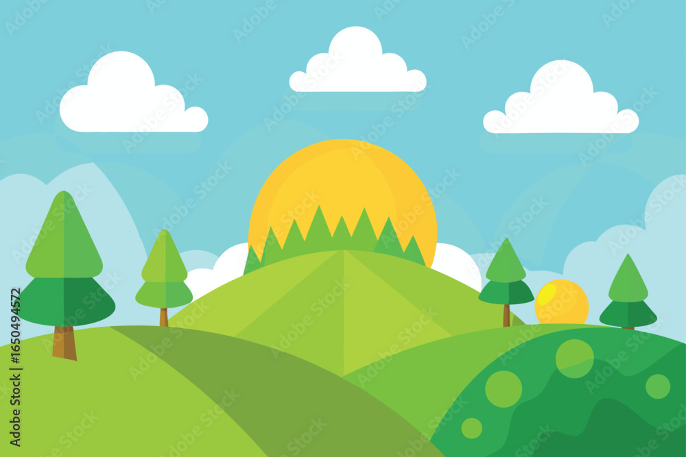 Obraz premium Cute Animal Hills Landscape Cartoon Illustration