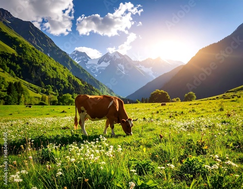 Cow grazing in alpine meadow (1)