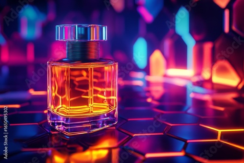 Modern perfume bottle on a hexagonal surface.