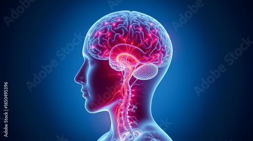 Neurological health visualization Person amyotrophic lateral sclerosis ALS glowing depiction of the brain and spinal cord showing motor neuron degeneration