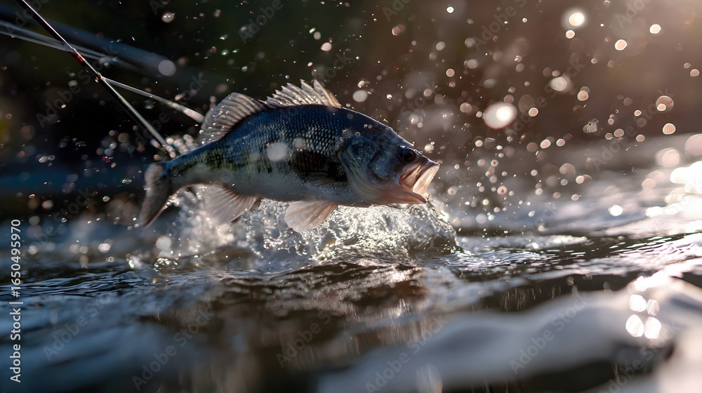 Fototapeta premium Close-Up Fish Mid-Air Catch with Fishing Rod and Sparkling River Reflections