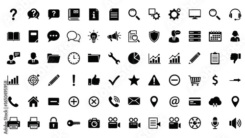 Information and Support Glyph Icon Set with Help Center, Documentation, Knowledge Base, Book, Document, Speech Bubble, FAQ, Chatbot, and Tutorial
