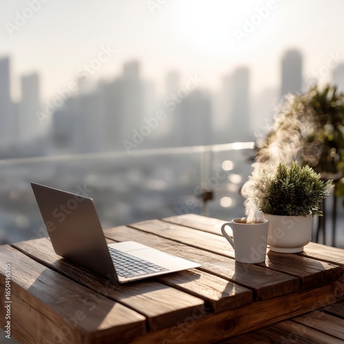 Balcony office desk with coffee and sun