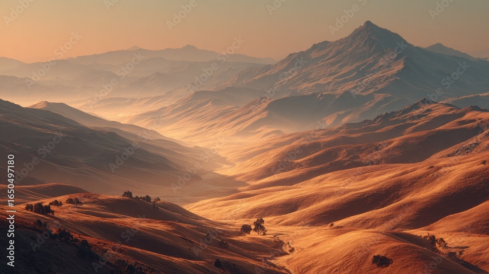 Fototapeta premium Golden mountain valley at sunrise