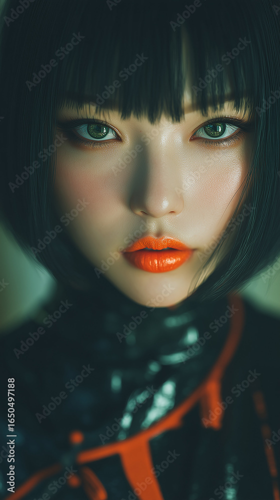 Portrait of a woman with striking features and bold makeup, showcasing contemporary fashion artistry Portrait of a woman with striking features and bold makeup, showcasing contemporary fashion artistry