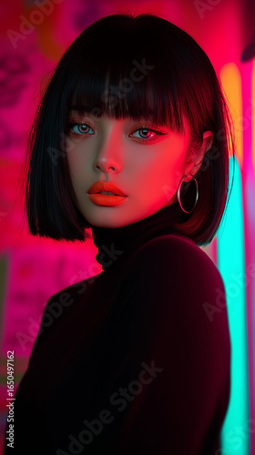 Captivating portrait of a young woman with a sleek bob hairstyle in a vibrant, neon-lit urban setting during the evening