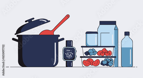 Concept of an organized healthy lifestyle with prepared food in storage containers, kitchenware, and a fitness tracker for a balanced diet