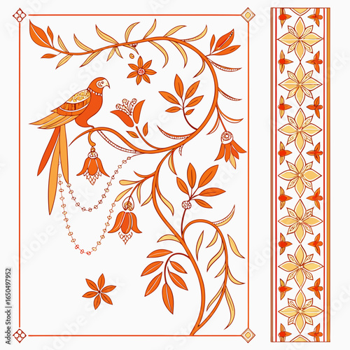 Stylized Floral Corner Design with Bells and Border.

