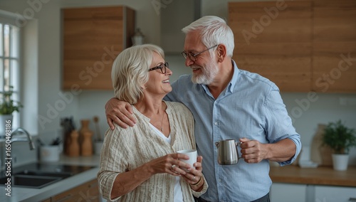 A cheerful senior couple enjoys a moment together in their kitchen, sharing a coffee break.