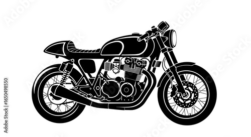 Classic Cafe Racer Motorcycle Silhouette Black and White Illustration.