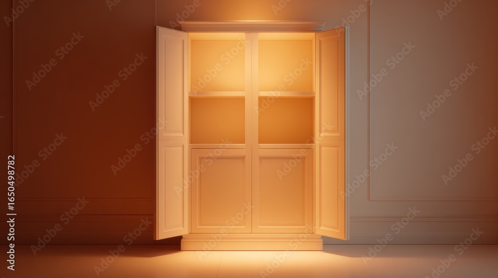 Fototapeta premium Empty cabinet with open doors illuminated from within