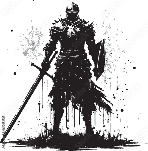  A powerful knight depicted in splattered ink style, wielding a shield and sword, exuding bravery and defense. Perfect for themes of medieval battle, heroism