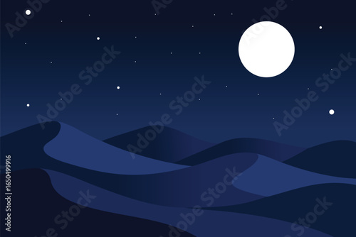 Minimalist Abstract Night Desert Landscape Illustration with Wavy Blue Dunes Bright White Full Moon and Scattered Stars.