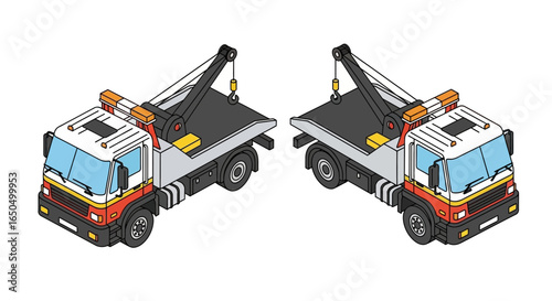 Isometric Illustration of a Red and White Tow Truck with Crane.