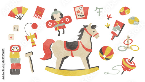 午年のお正月遊びセット（木馬・凧・けん玉・コマ・羽子板・お手玉）