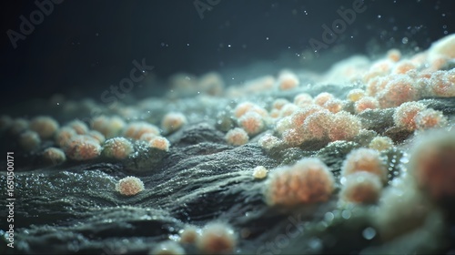 Macro view of layered biofilm with pinkish spherical colonies on a dark textured surface bacteria microbiology