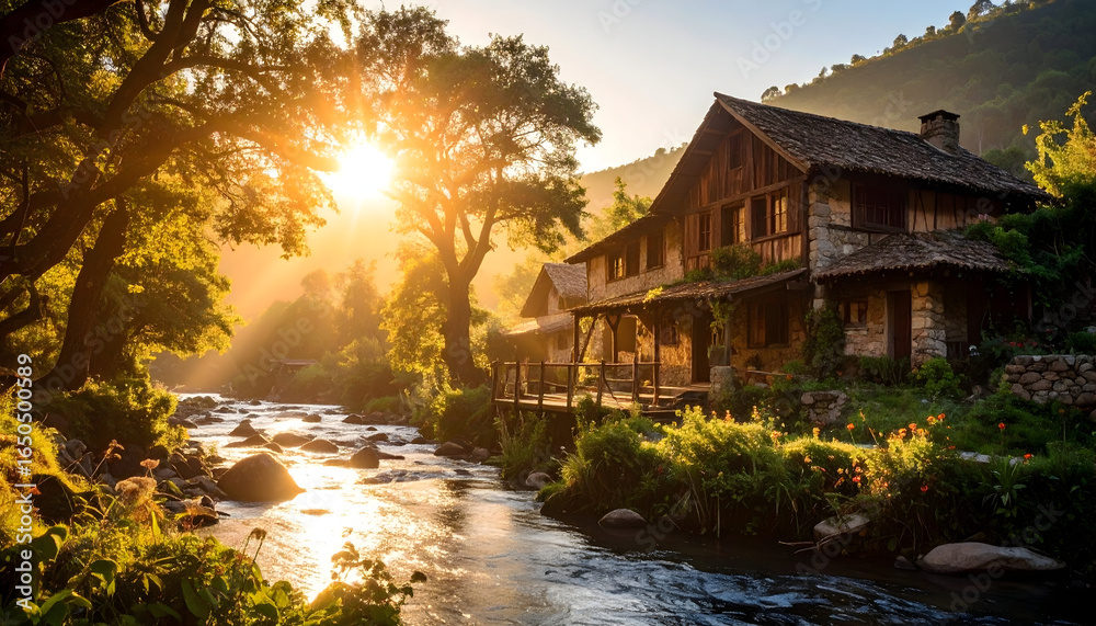 Fototapeta premium Rustic Stone House Beside River Illuminated By Golden Sunlight And Lush Green Trees During Sunset