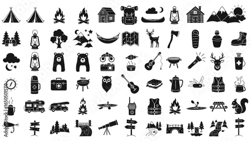 Camping Adventure Doodle Icon Set with Tent, Campfire, Backpack, Cabin, Canoe, and Hammock in Cute Hand Drawn Sketch Style
