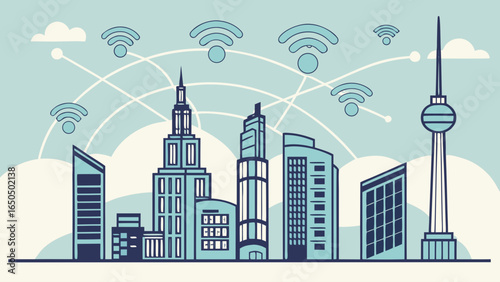 Illustration of a cityscape with various buildings and wifi signals connecting them in a light blue sky