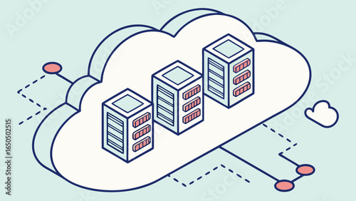 Cloud computing infrastructure showing server racks connected in a network diagram illustration