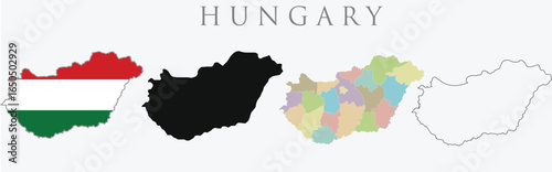 Set of isolated Hungary maps. Hungary  maps in original, silhouette,  colourful proportions and outline. Maps and traveling around the world.