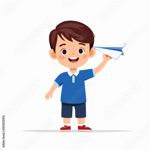 Flat style vector icon of a kid launching a paper plane, symbolizing playfulness and dreams.